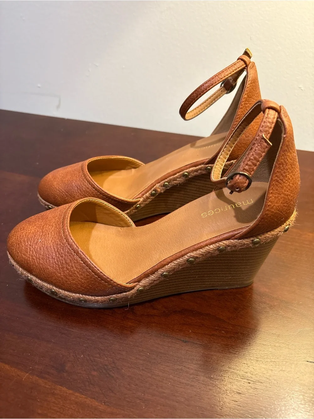 Maurices Cognac Brown Ankle-Strap Wedge Espadrilles size 7.5